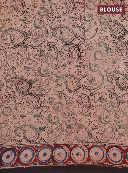 Kalamkari cotton saree beige blue and maroon with allover block prints and printed border