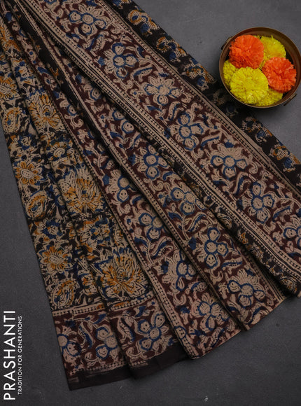 Kalamkari cotton saree black and coffee brown with allover block prints and printed border