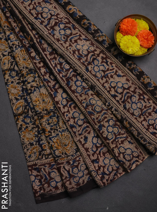 Kalamkari cotton saree black and coffee brown with allover block prints and printed border