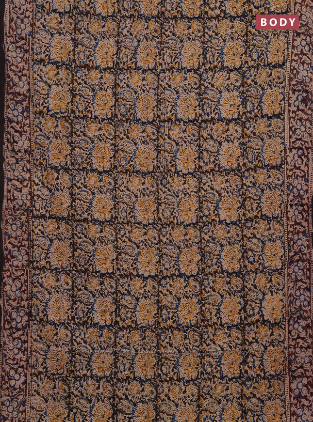Kalamkari cotton saree black and coffee brown with allover block prints and printed border