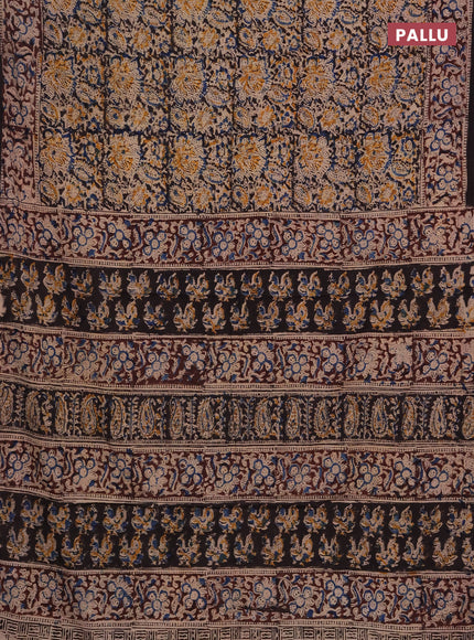 Kalamkari cotton saree black and coffee brown with allover block prints and printed border