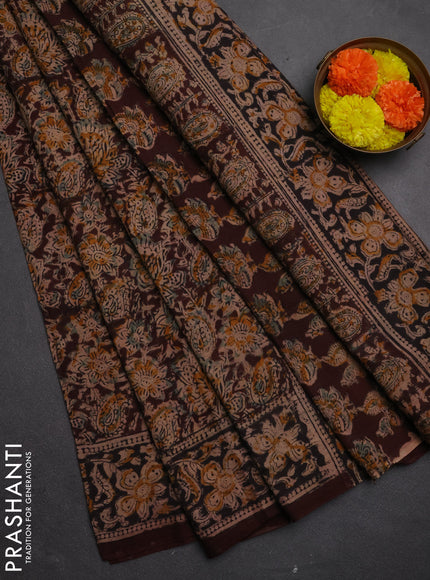 Kalamkari cotton saree coffee brown and black with allover block prints and printed border