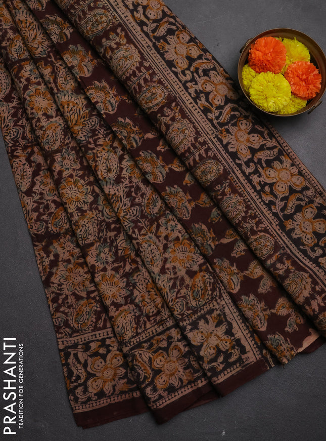 Kalamkari cotton saree coffee brown and black with allover block prints and printed border