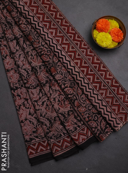 Kalamkari cotton saree black and maroon with allover block prints and printed border