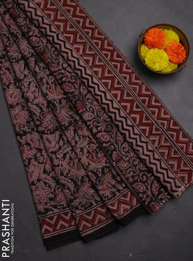 Kalamkari cotton saree black and maroon with allover block prints and printed border