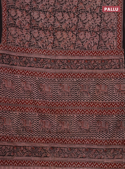 Kalamkari cotton saree black and maroon with allover block prints and printed border