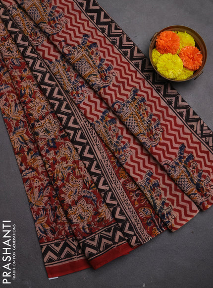 Kalamkari cotton saree maroon and black with allover block prints and printed border