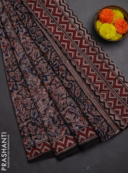 Kalamkari cotton saree black blue and maroon with allover block prints and printed border