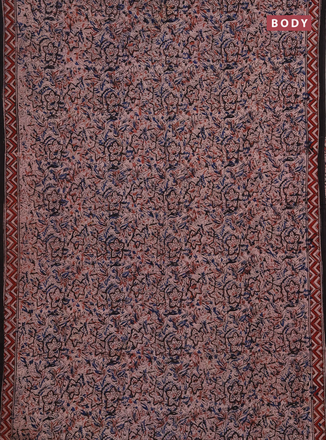 Kalamkari cotton saree black blue and maroon with allover block prints and printed border