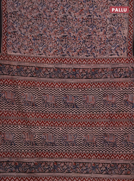 Kalamkari cotton saree black blue and maroon with allover block prints and printed border
