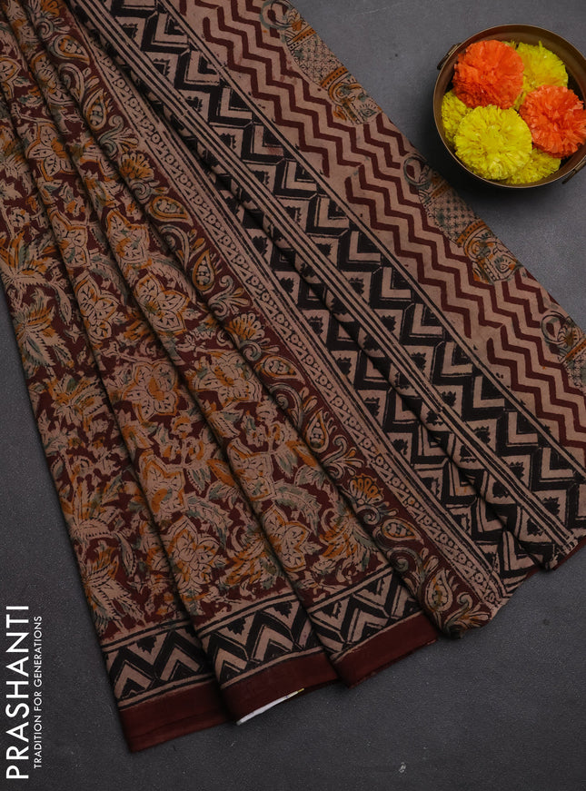 Kalamkari cotton saree coffee brown and black with allover block prints and printed border