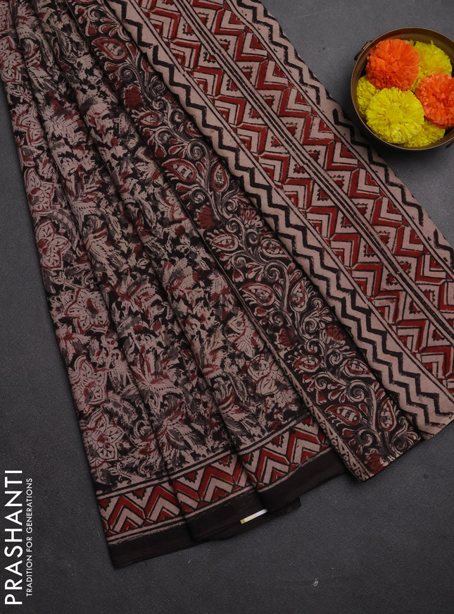 Kalamkari cotton saree black and maroon with allover block prints and printed border