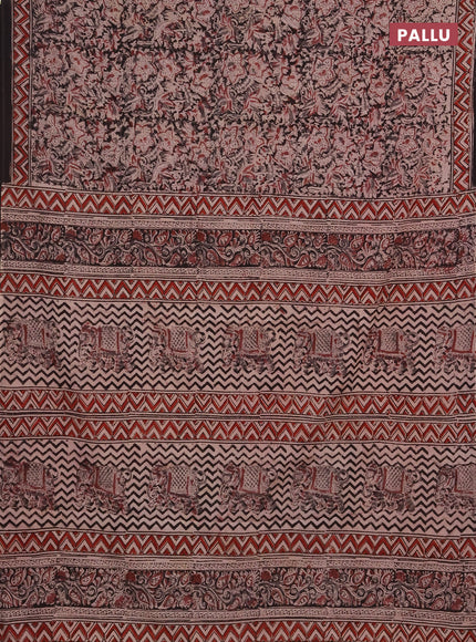 Kalamkari cotton saree black and maroon with allover block prints and printed border