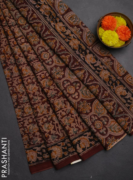 Kalamkari cotton saree coffee brown and black with allover block prints and printed border