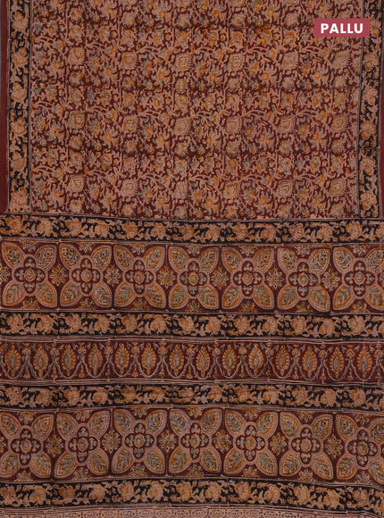 Kalamkari cotton saree coffee brown and black with allover block prints and printed border