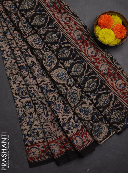 Kalamkari cotton saree beige blue and maroon with allover prints and printed border