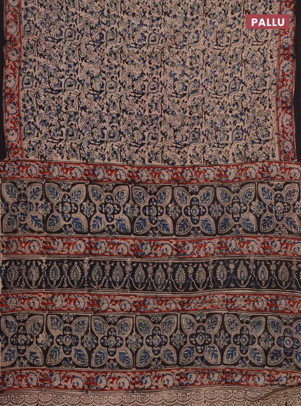Kalamkari cotton saree beige blue and maroon with allover prints and printed border