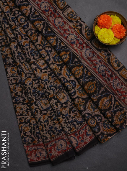 Kalamkari cotton saree black and maroon with allover prints and printed border
