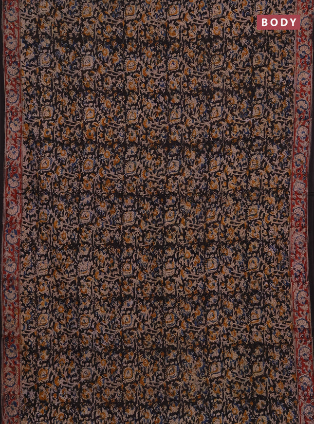 Kalamkari cotton saree black and maroon with allover prints and printed border