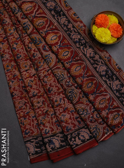 Kalamkari cotton saree maroon and black with allover prints and printed border