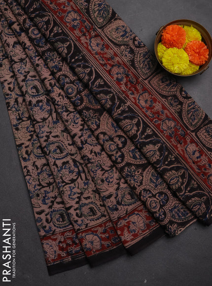 Kalamkari cotton saree black  and maroon with allover prints and printed border