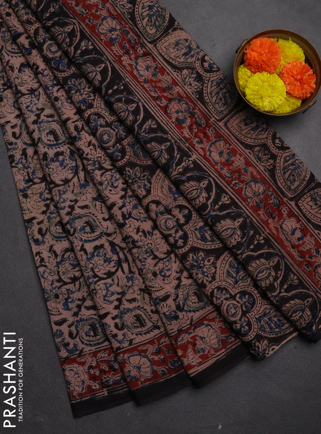 Kalamkari cotton saree black  and maroon with allover prints and printed border