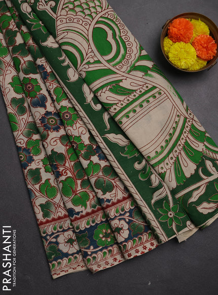 Kalamkari cotton saree green beige and teal green with allover prints and printed border