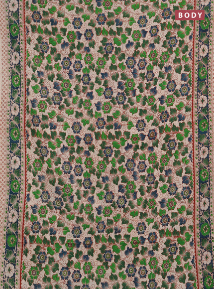 Kalamkari cotton saree green beige and teal green with allover prints and printed border