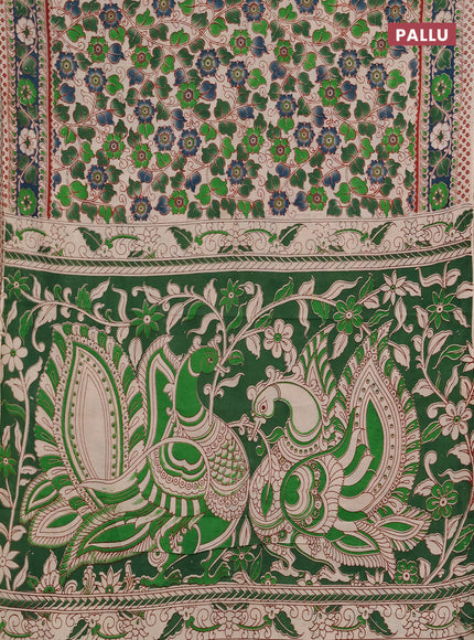 Kalamkari cotton saree green beige and teal green with allover prints and printed border