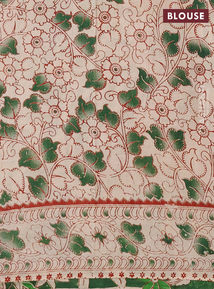 Kalamkari cotton saree green beige and teal green with allover prints and printed border