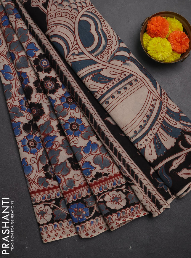 Kalamkari cotton saree black grey and blue beige with allover prints and printed border