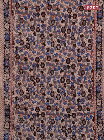 Kalamkari cotton saree black grey and blue beige with allover prints and printed border