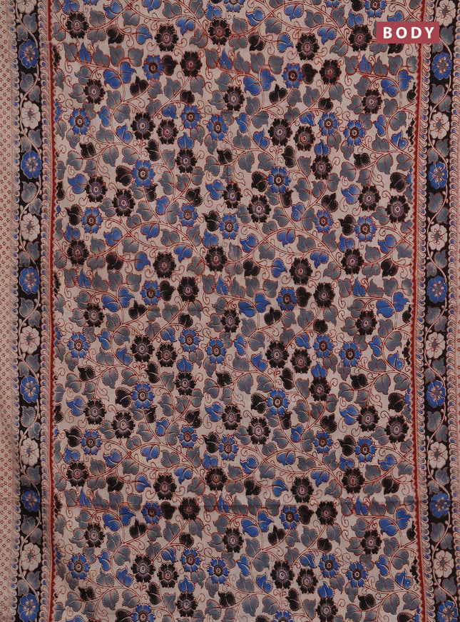 Kalamkari cotton saree black grey and blue beige with allover prints and printed border