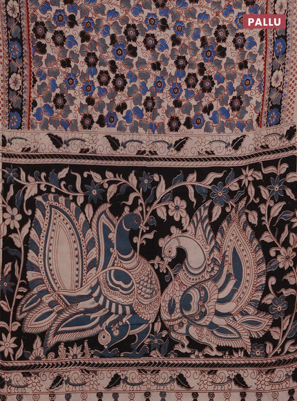 Kalamkari cotton saree black grey and blue beige with allover prints and printed border