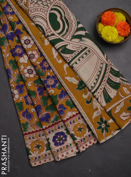 Kalamkari cotton saree mustard yellow and beige with allover prints and printed border