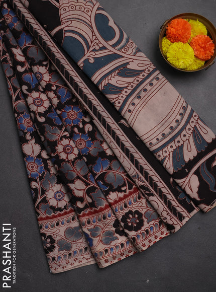 Kalamkari cotton saree black grey and blue black with allover prints and printed border