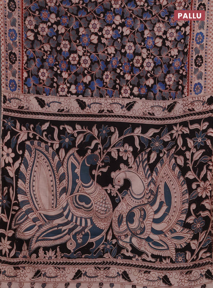 Kalamkari cotton saree black grey and blue black with allover prints and printed border