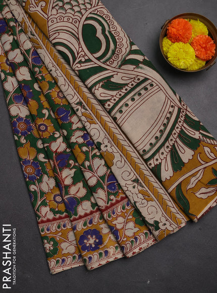 Kalamkari cotton saree green and mustard yellow with allover prints and printed border