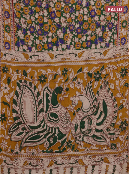Kalamkari cotton saree green and mustard yellow with allover prints and printed border