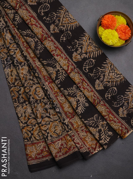 Kalamkari cotton saree black and maroon with allover block prints and printed border