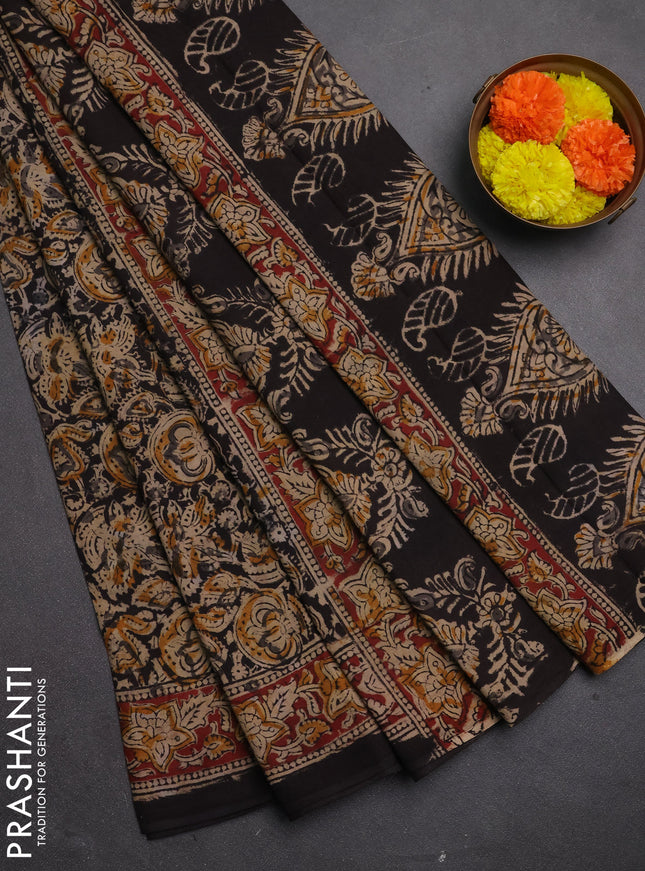 Kalamkari cotton saree black and maroon with allover block prints and printed border