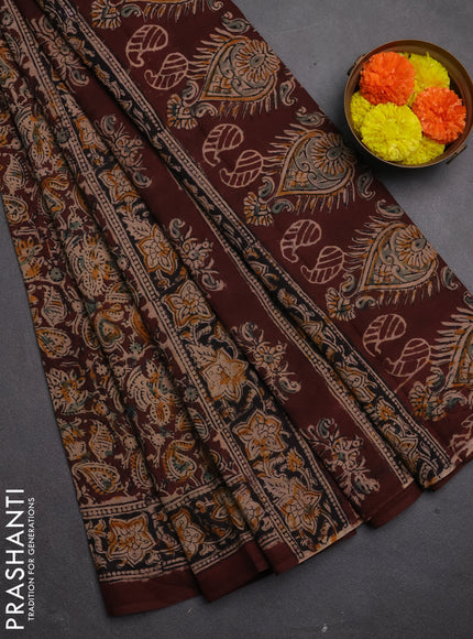Kalamkari cotton saree coffee brown and black with allover block prints and printed border