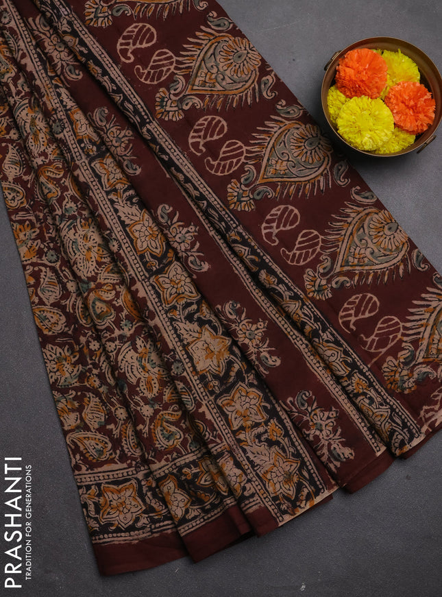 Kalamkari cotton saree coffee brown and black with allover block prints and printed border