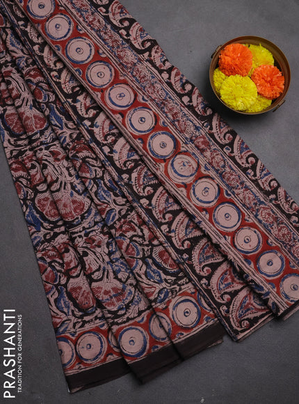 Kalamkari cotton saree black blue and maroon with allover block prints and printed border