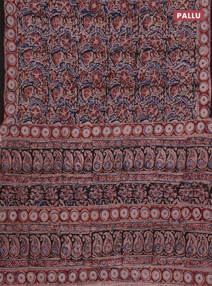 Kalamkari cotton saree black blue and maroon with allover block prints and printed border