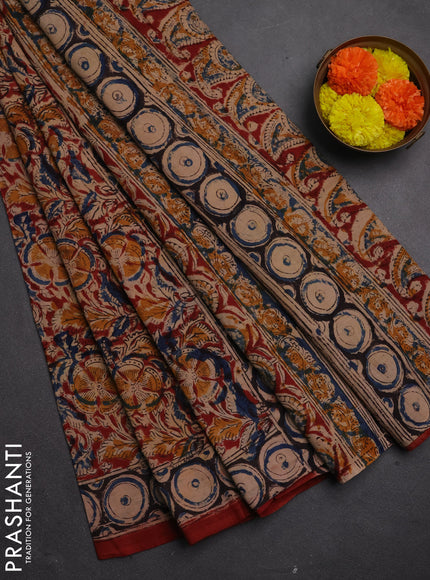 Kalamkari cotton saree black and maroon with allover block prints and printed border