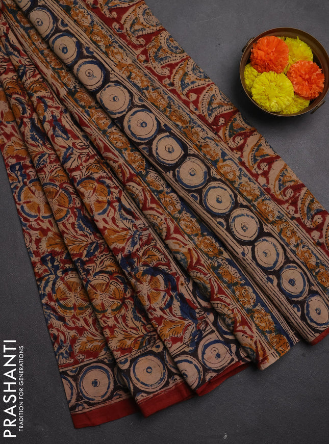 Kalamkari cotton saree black and maroon with allover block prints and printed border