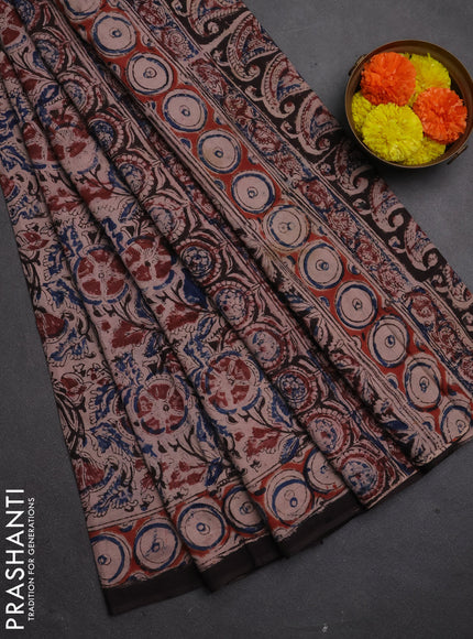 Kalamkari cotton saree coffee brown and maroon with allover block prints and printed border