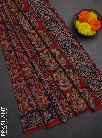 Kalamkari cotton saree maroon and black with allover block prints and printed border