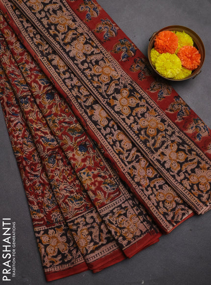 Kalamkari cotton saree maroon and black with allover block prints and printed border